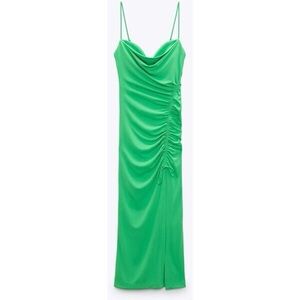 ZARA Ruched Bodycon Midi Green Dress Sz M